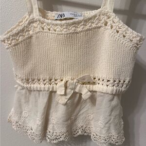Zara Ivory Knit Top with Lace Trim